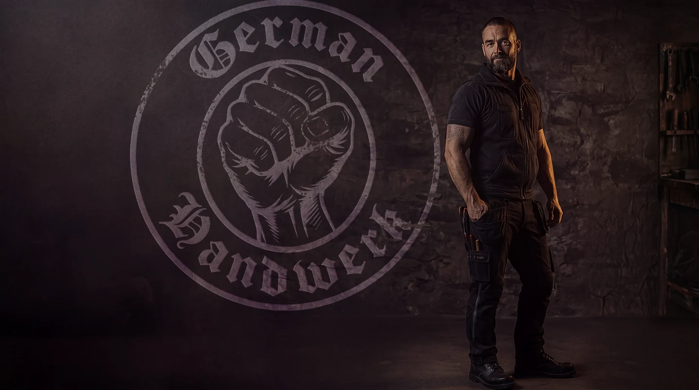 Ein Handwerker in schwarzer Arbeitskleidung steht vor einer dunklen Wand, auf der groß das Zeichen von German Handwerk zu sehen ist.